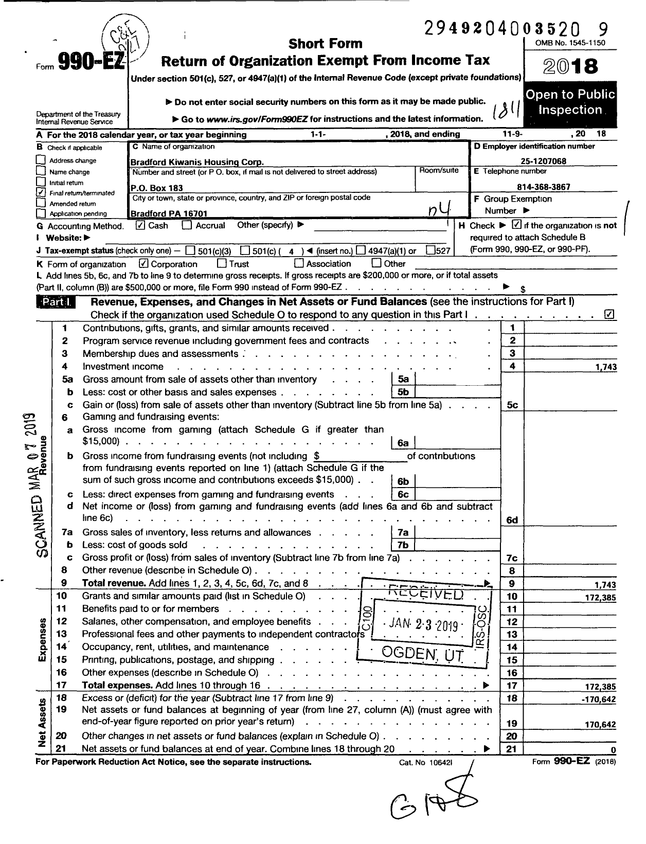 Image of first page of 2017 Form 990EO for Bradford Kiwanis Housing Corporation