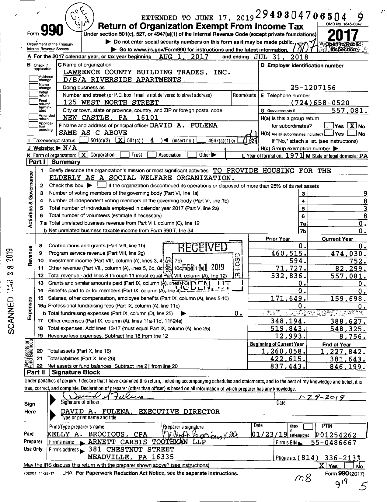 Image of first page of 2017 Form 990O for Riverside Apartments