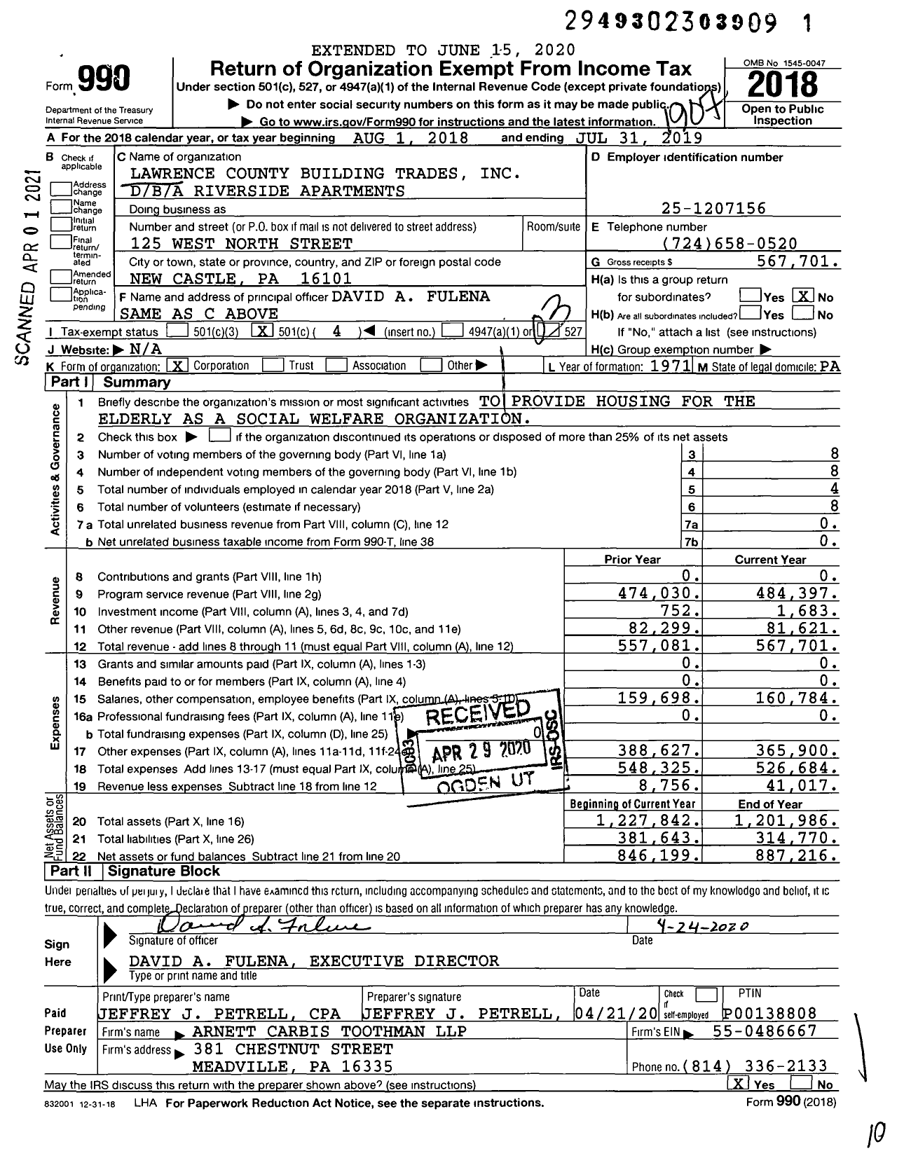 Image of first page of 2018 Form 990 for Riverside Apartments