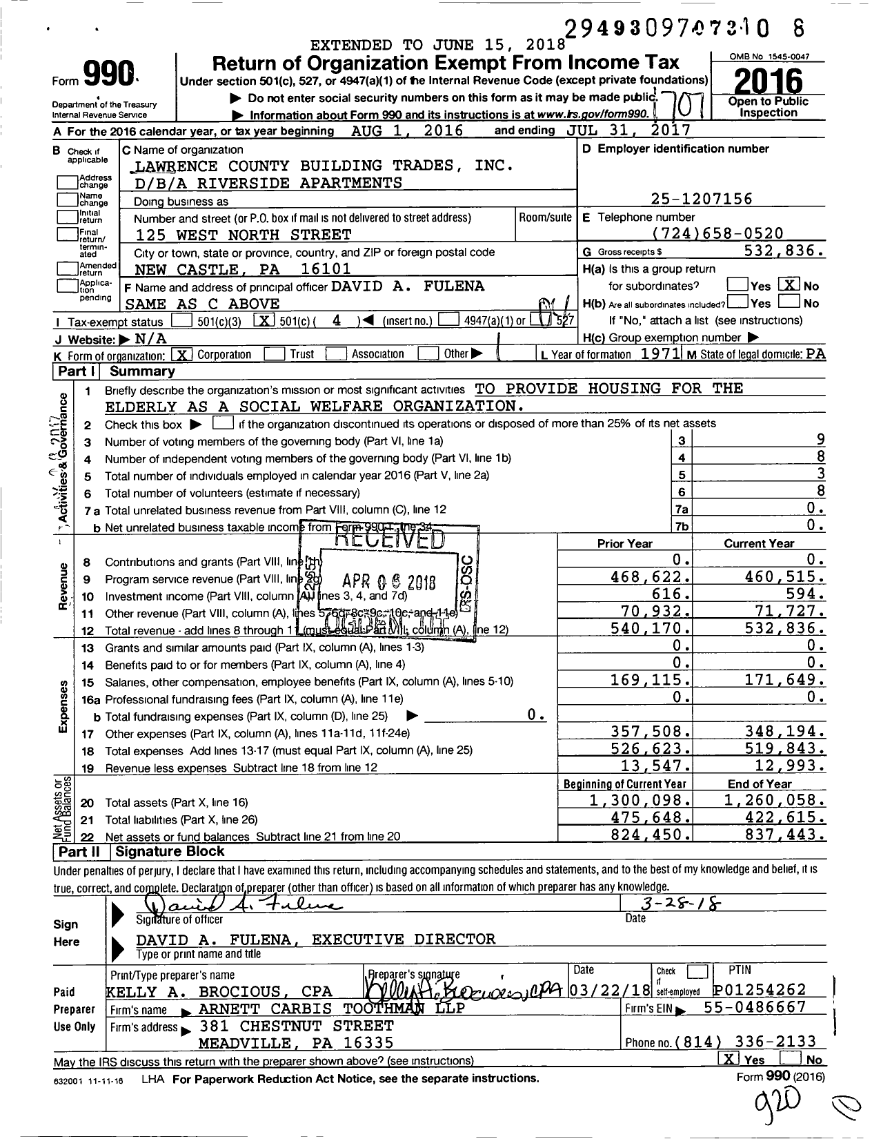 Image of first page of 2016 Form 990O for Riverside Apartments