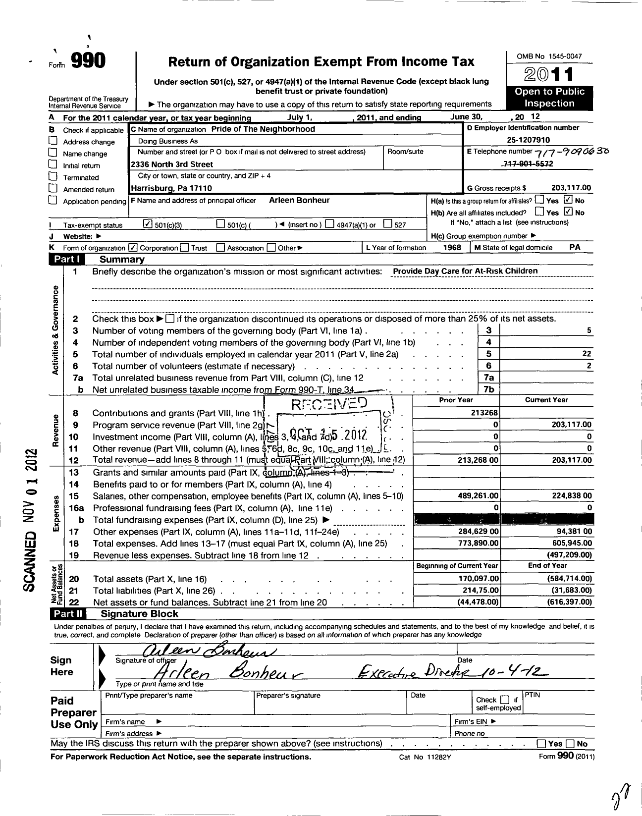 Image of first page of 2011 Form 990 for Pride of the Neighborhood Academies