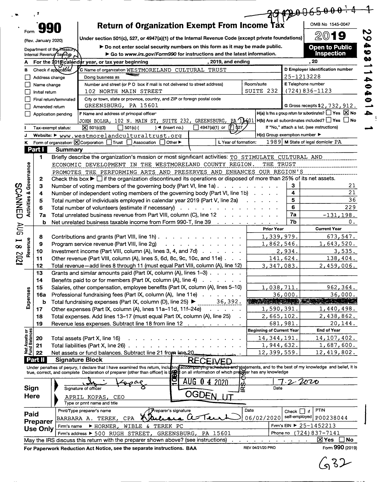 Image of first page of 2019 Form 990 for Westmoreland Cultural Trust