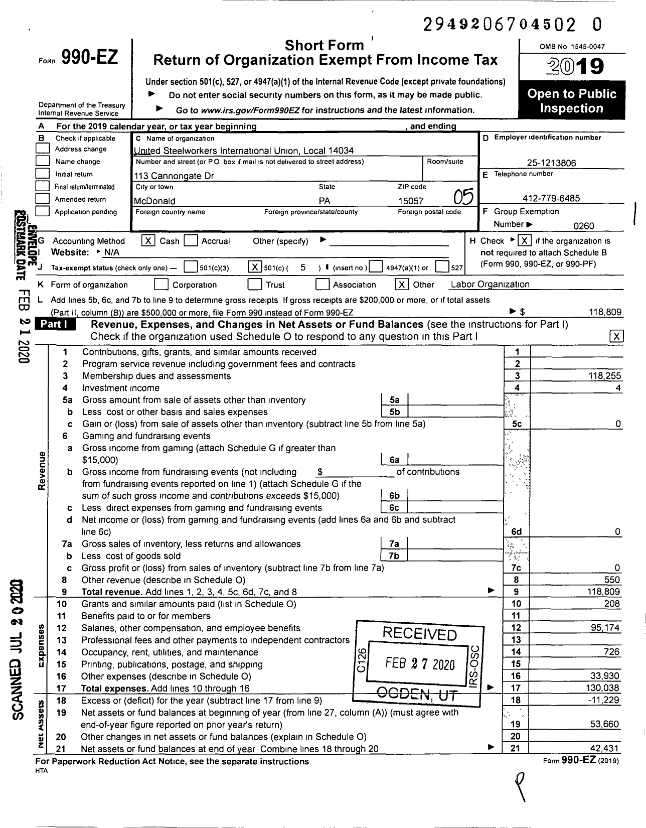 Image of first page of 2019 Form 990EO for United Steelworkers - 14034 Local