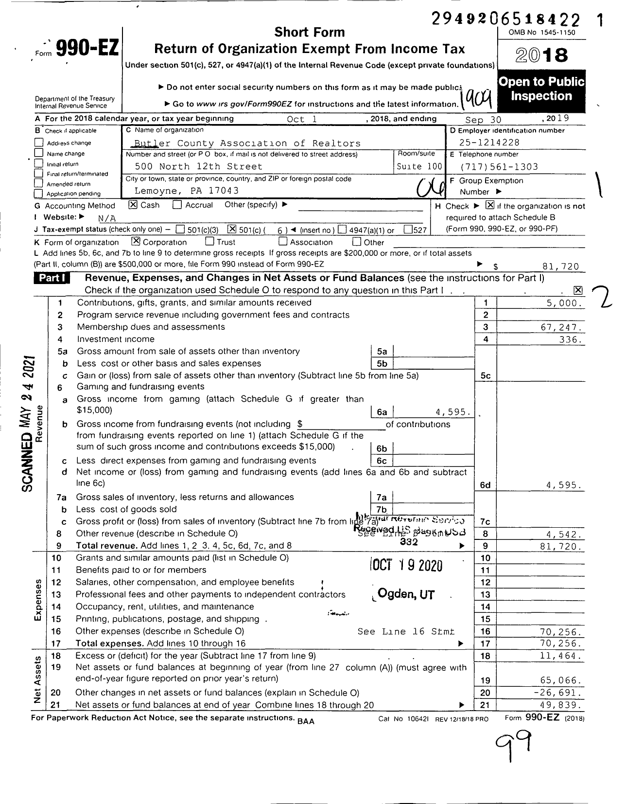 Image of first page of 2018 Form 990EO for Butler County Association of Realtors