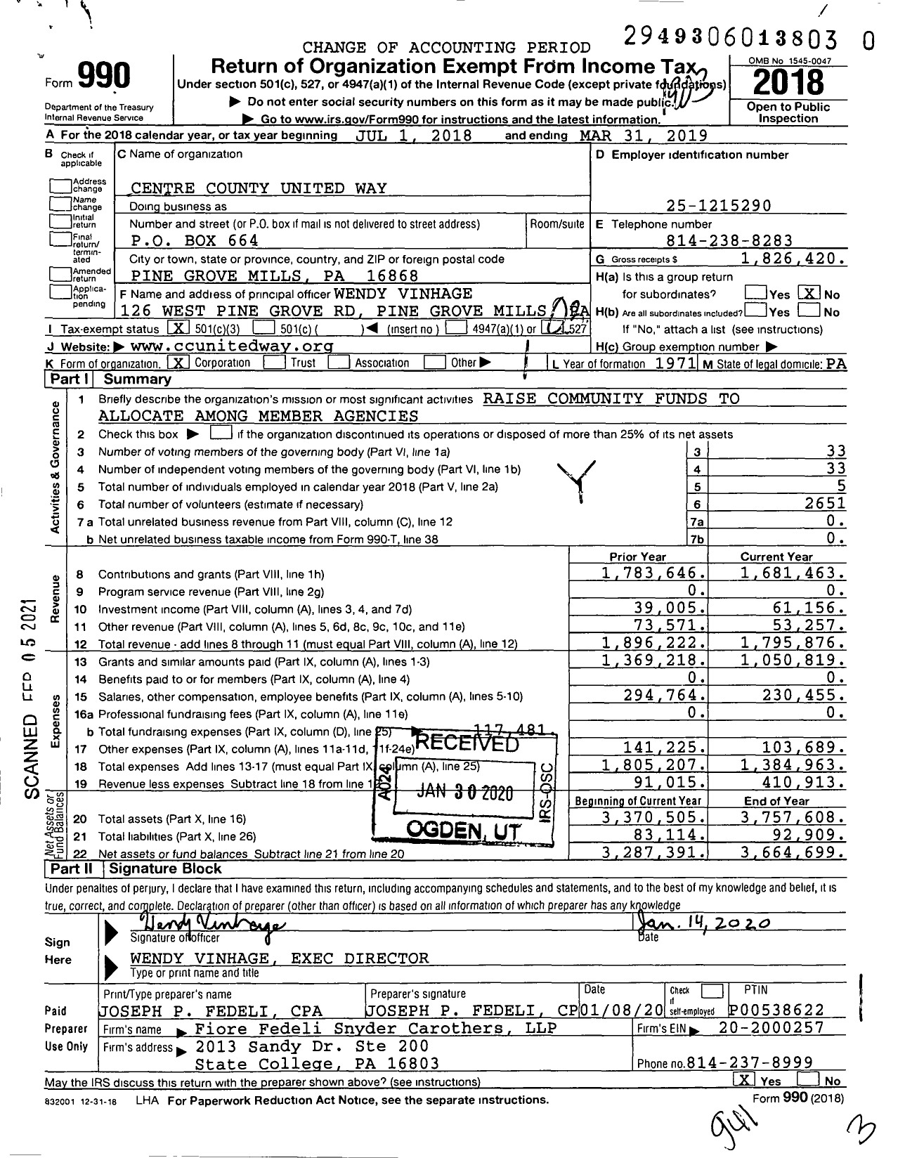 Image of first page of 2018 Form 990 for Centre County United Way