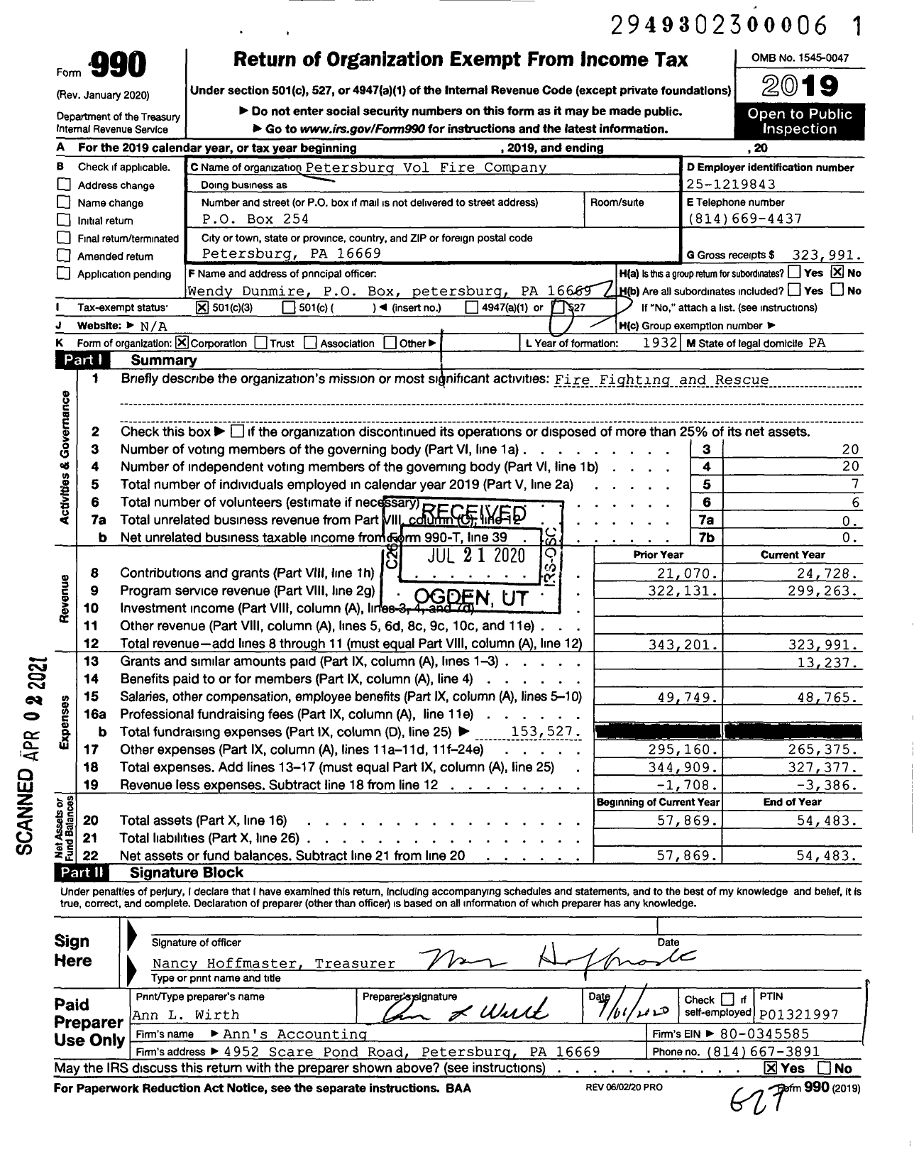 Image of first page of 2019 Form 990 for Petersburg Vol Fire Company