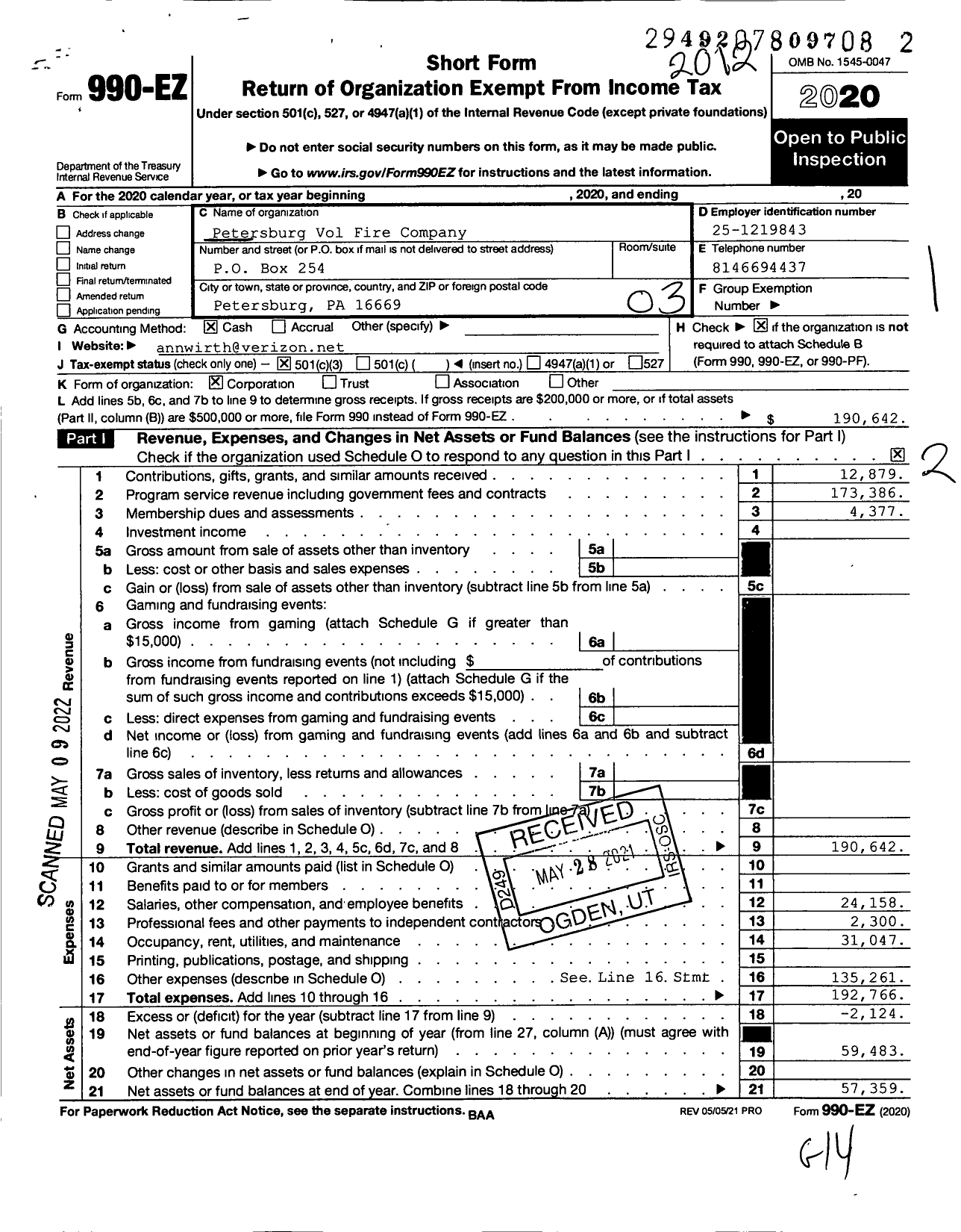 Image of first page of 2020 Form 990EZ for Petersburg Vol Fire Company