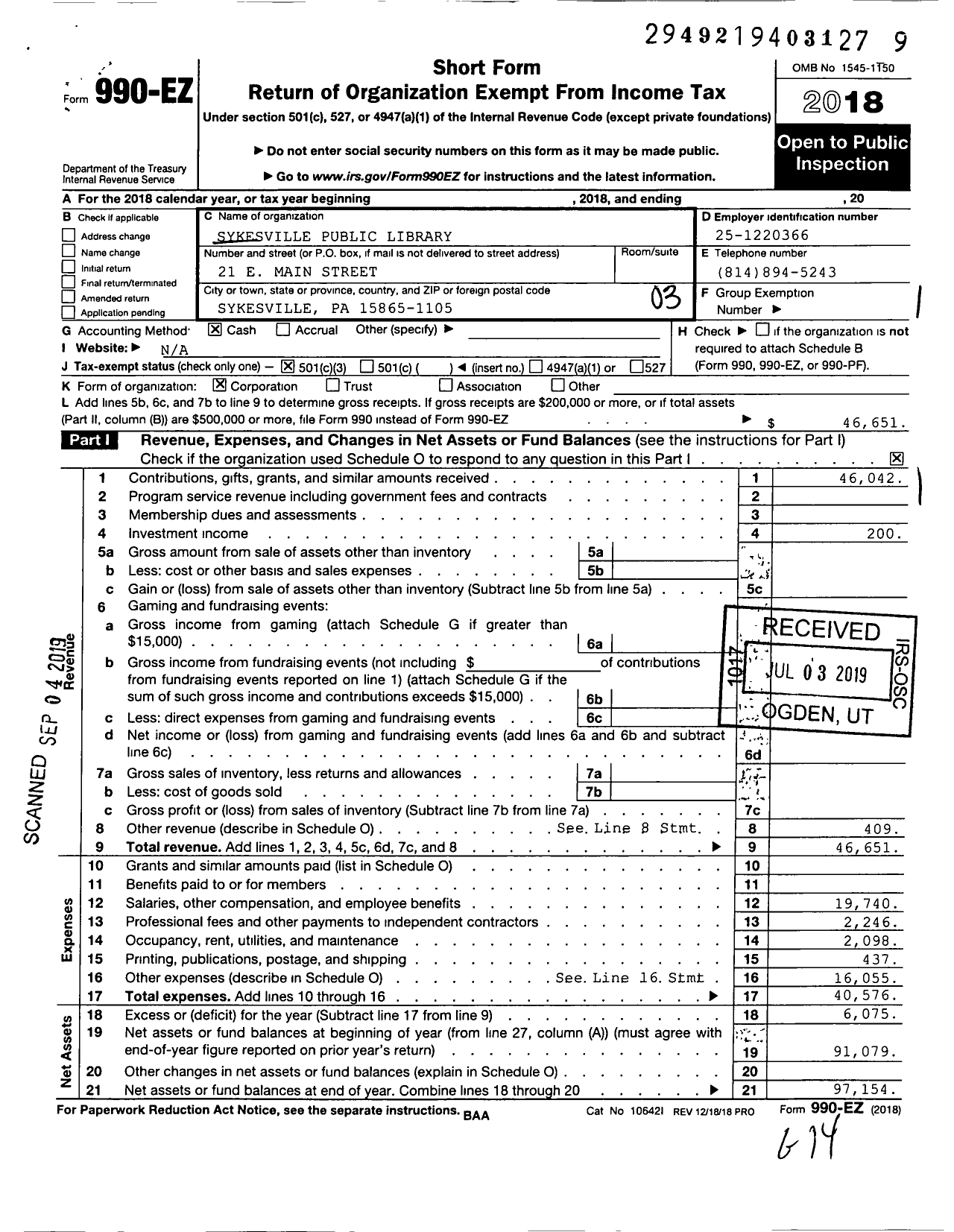 Image of first page of 2018 Form 990EZ for Sykesville Public Library
