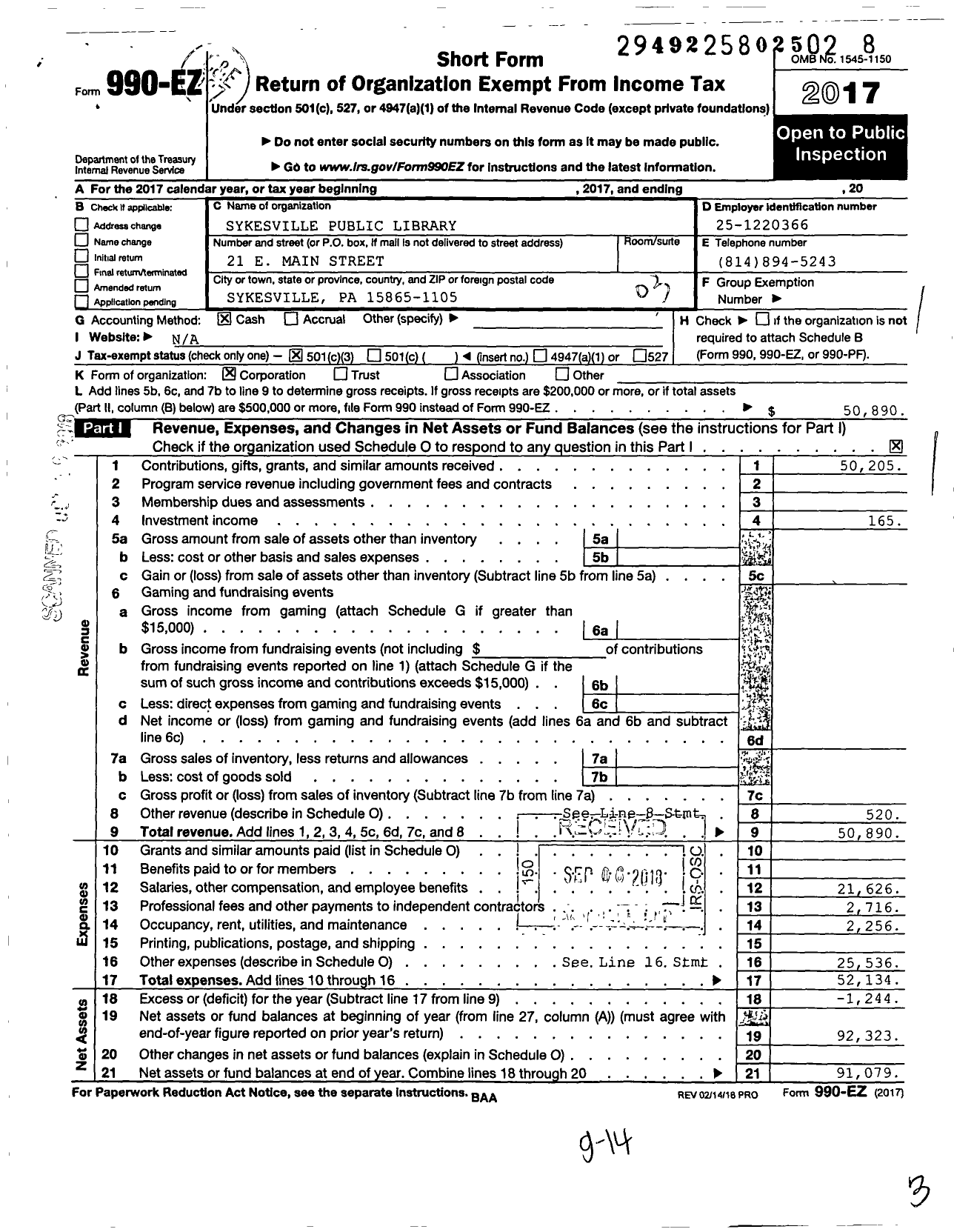 Image of first page of 2017 Form 990EZ for Sykesville Public Library