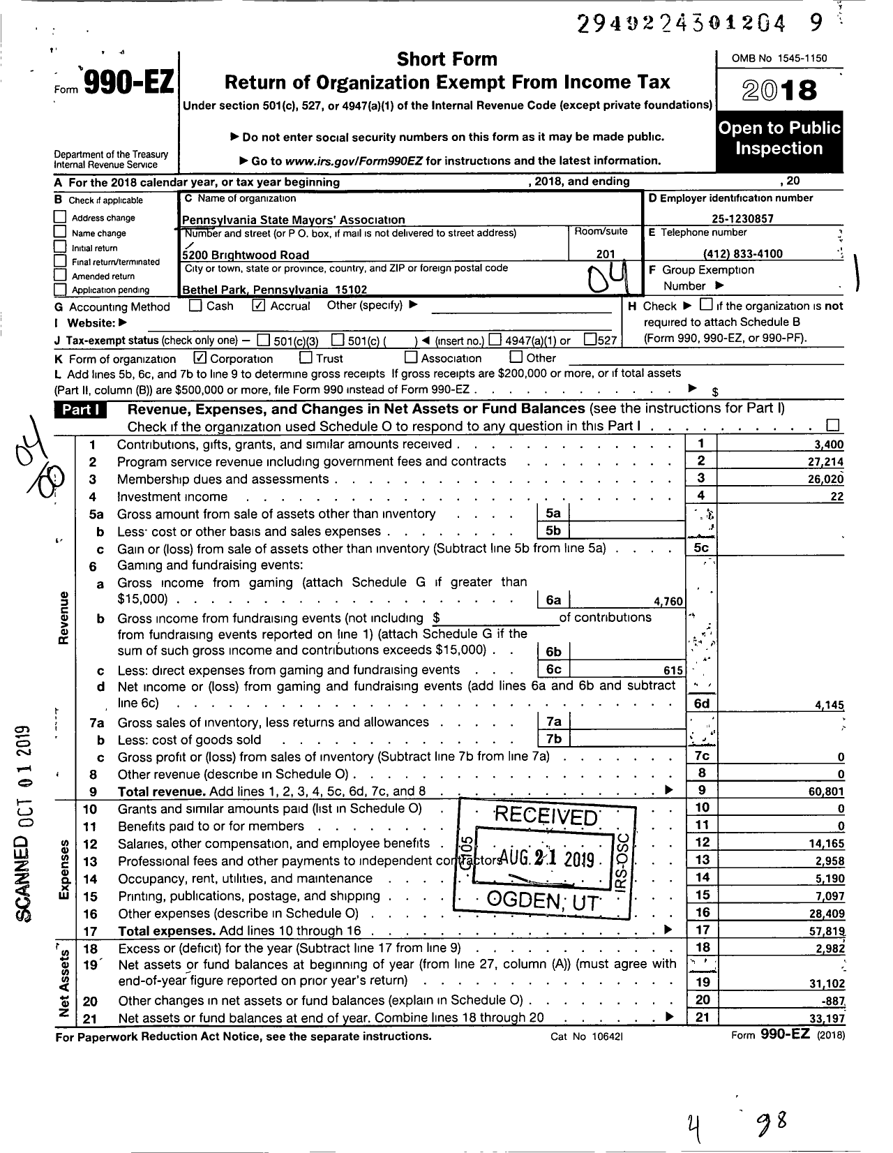 Image of first page of 2018 Form 990EO for Pennsylvania State Mayors Association