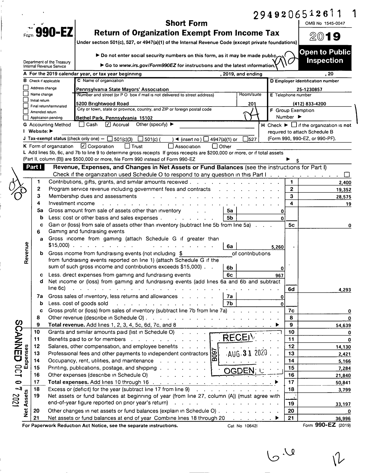 Image of first page of 2019 Form 990EO for Pennsylvania State Mayors Association