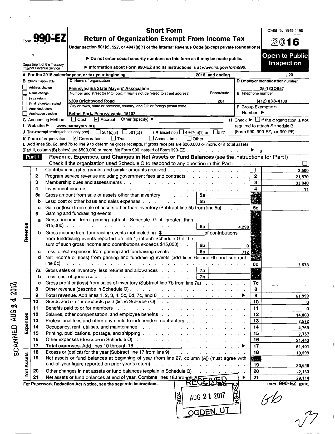 Image of first page of 2016 Form 990EO for Pennsylvania State Mayors Association