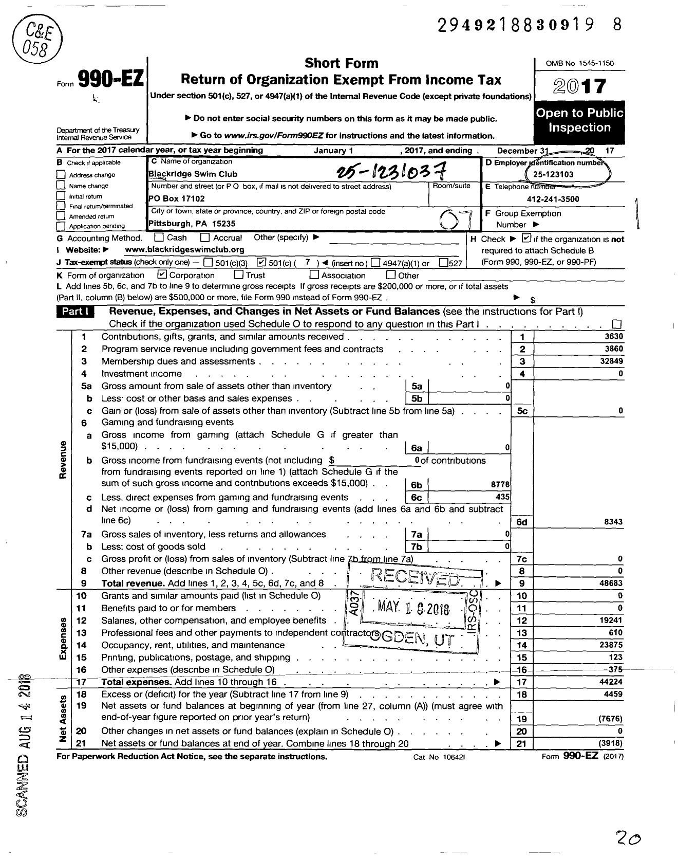 Image of first page of 2017 Form 990EO for Blackridge Swimming Club