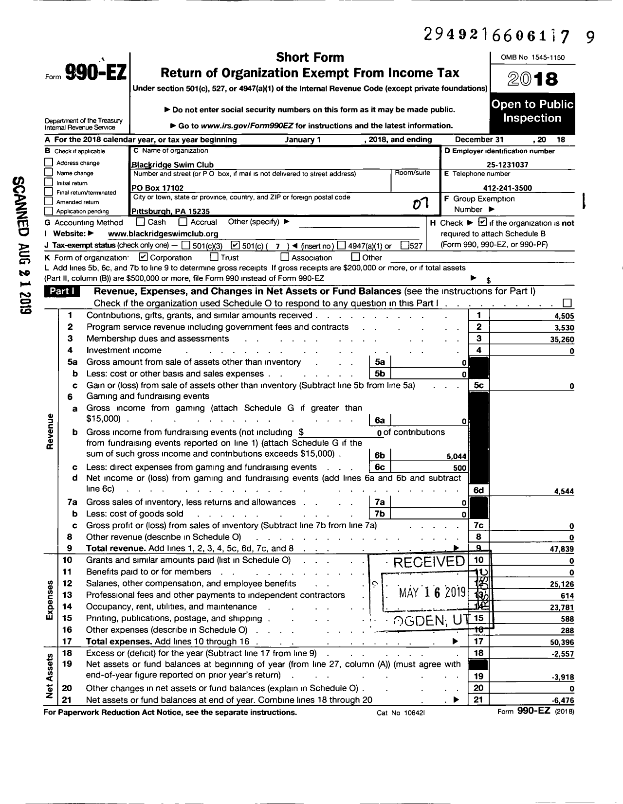 Image of first page of 2018 Form 990EO for Blackridge Swimming Club