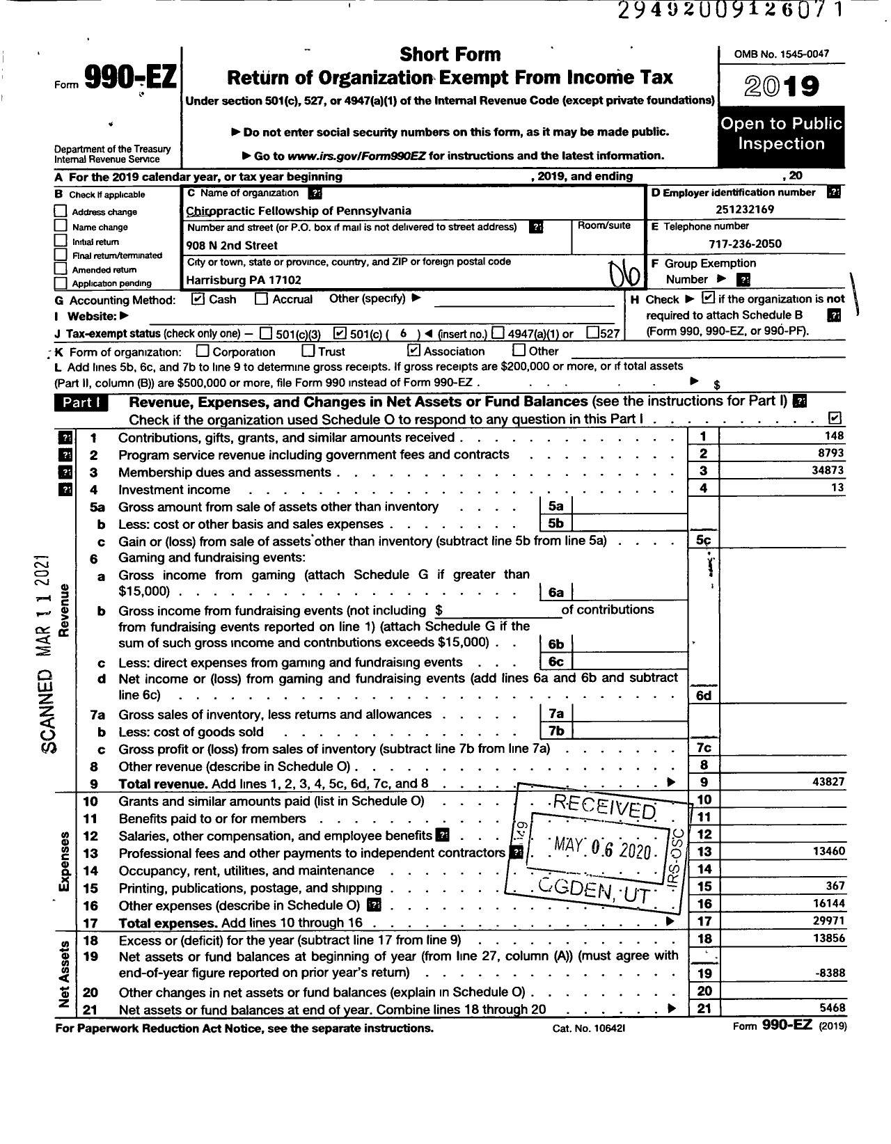 Image of first page of 2019 Form 990EO for Chiropractic Fellowship of Pennsylvania