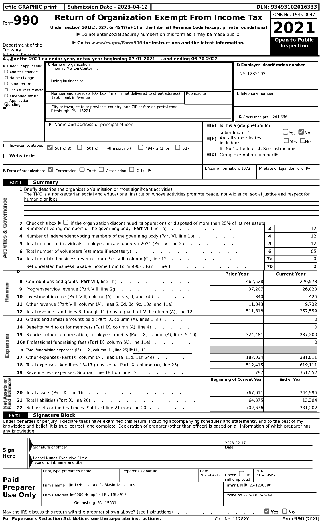 Image of first page of 2021 Form 990 for Thomas Merton Center