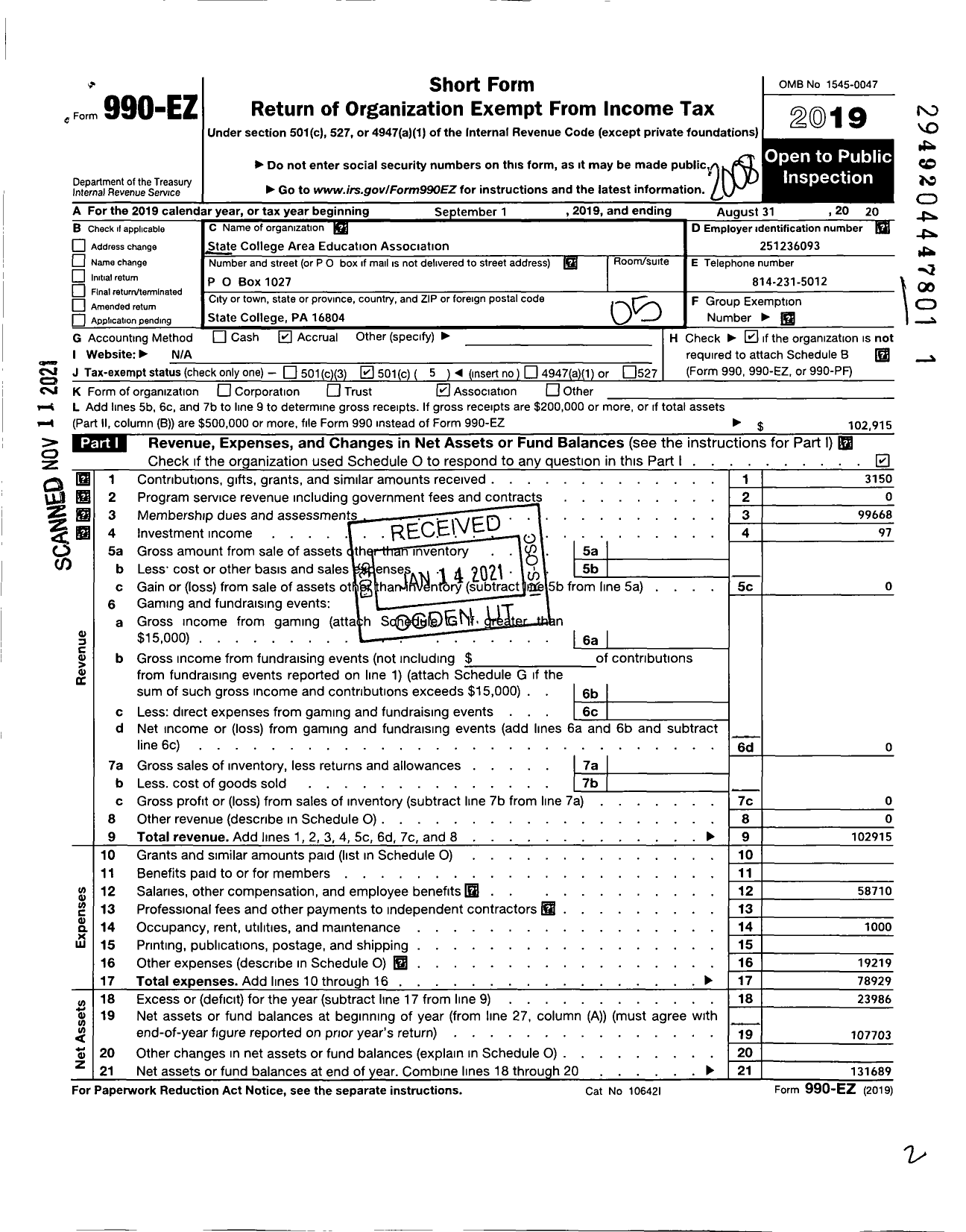 Image of first page of 2019 Form 990EO for State College Area Education Association