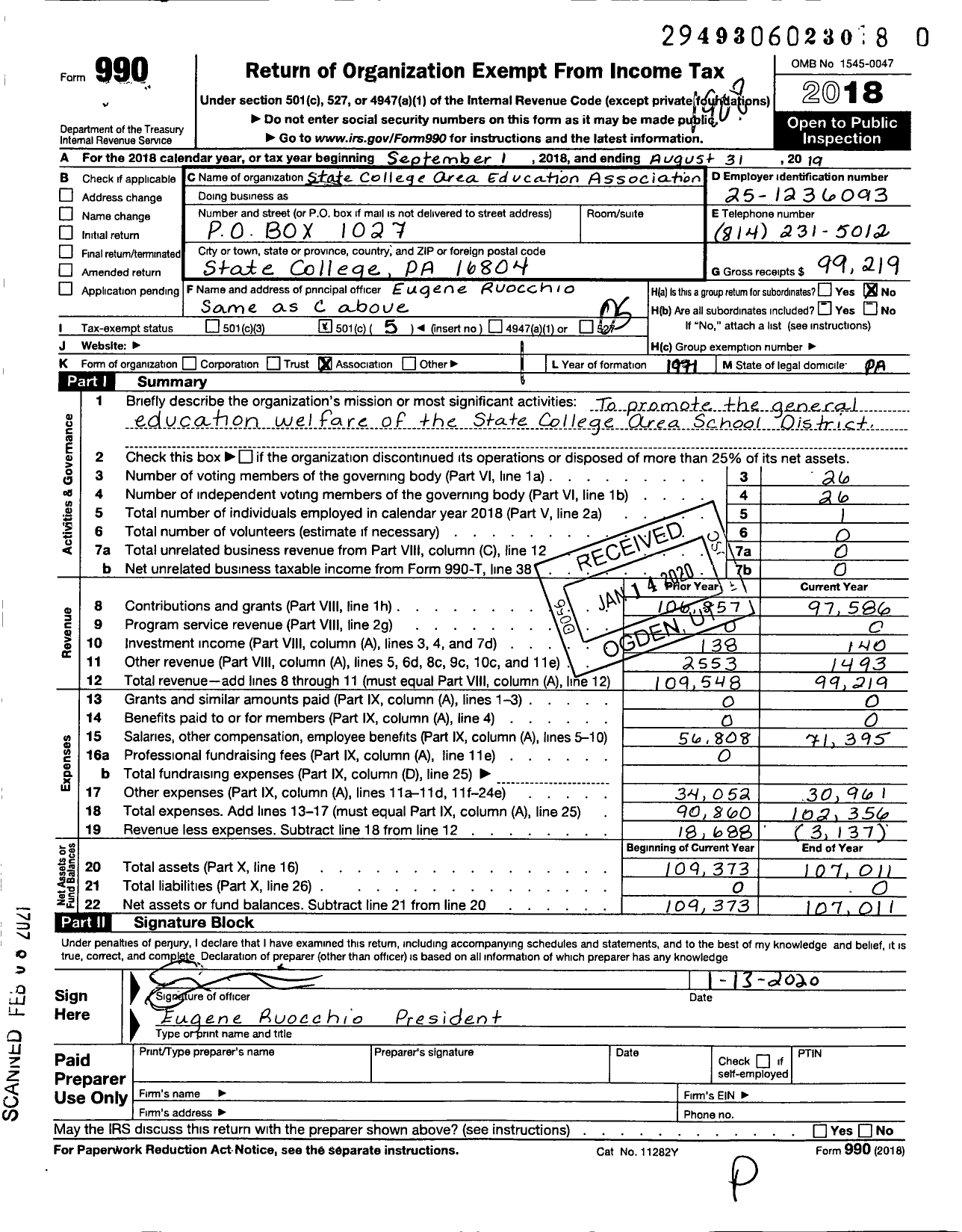 Image of first page of 2018 Form 990O for State College Area Education Association