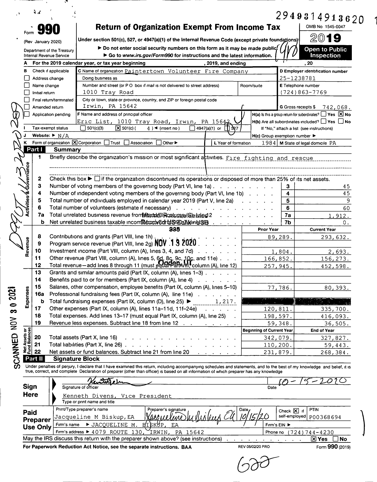 Image of first page of 2019 Form 990O for Paintertown Volunteer Fire Company