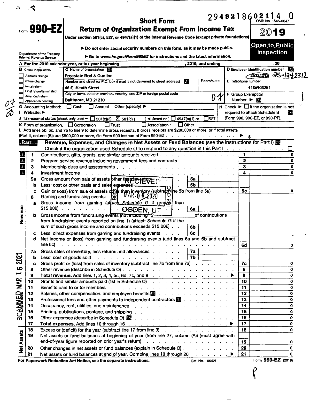 Image of first page of 2019 Form 990EO for Freestate State Rod and Gun Club