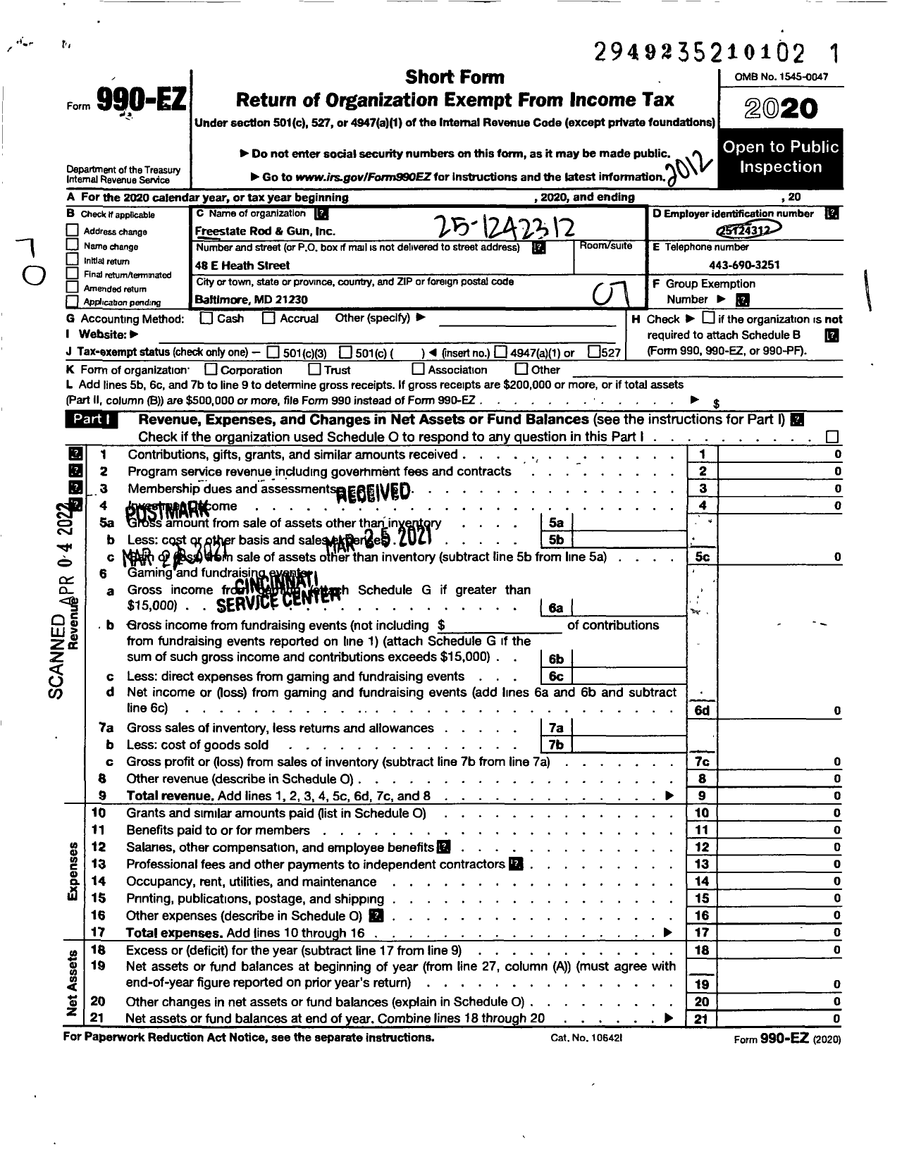 Image of first page of 2020 Form 990EO for Freestate State Rod and Gun Club