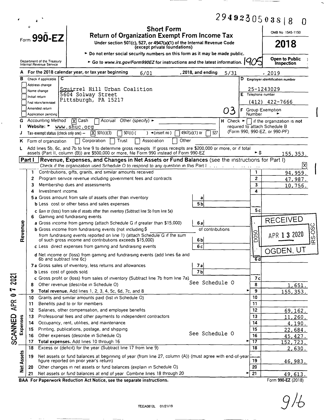 Image of first page of 2018 Form 990EZ for Squirrel Hill Urban Coalition