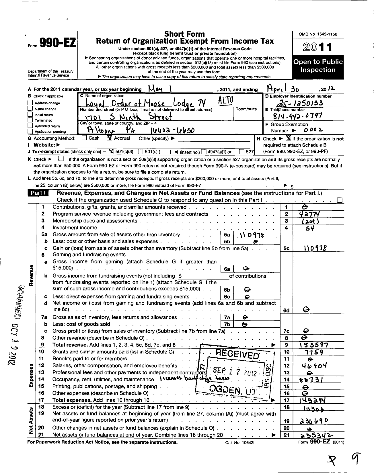 Image of first page of 2011 Form 990EZ for Loyal Order of Moose - 74