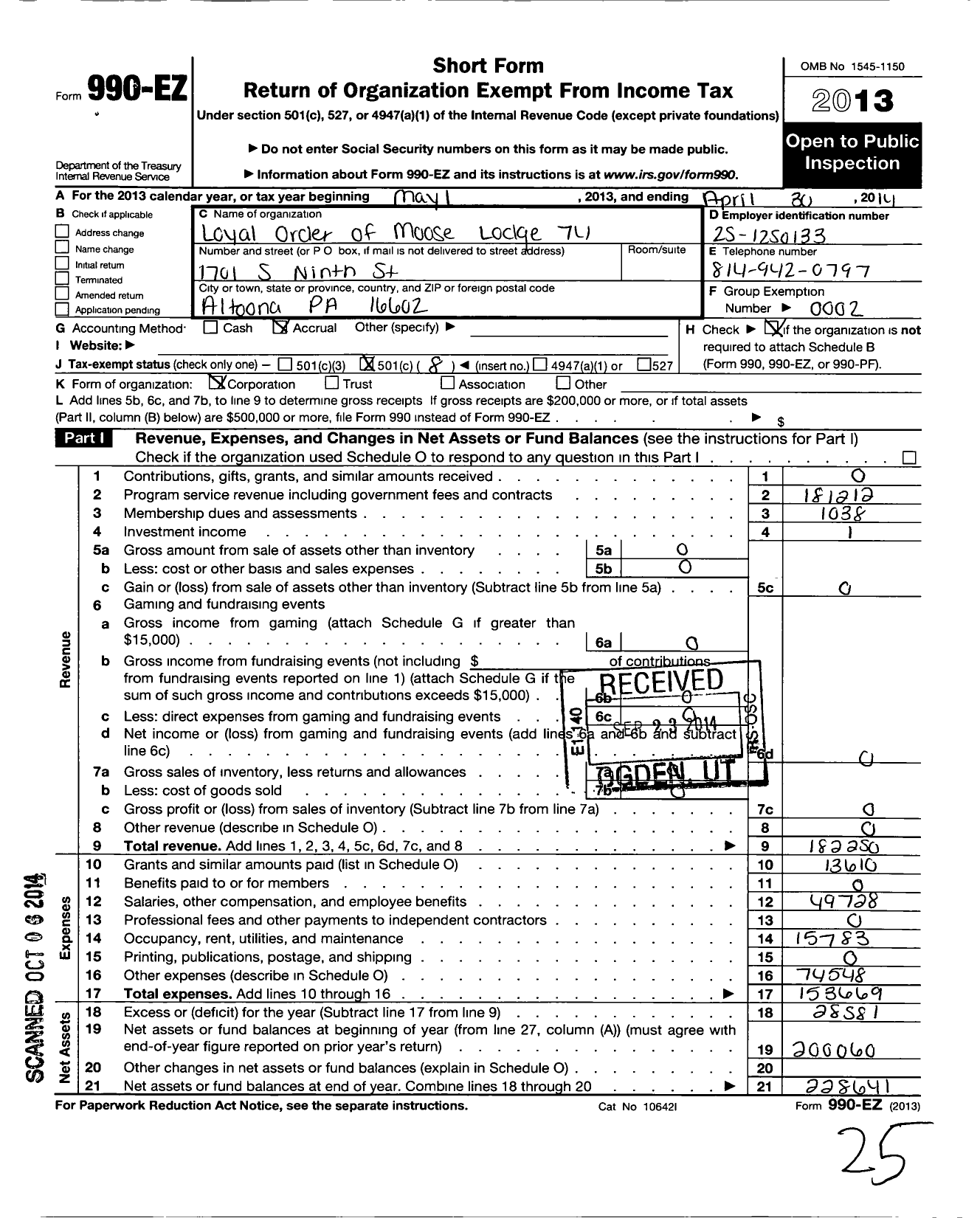 Image of first page of 2013 Form 990EO for Loyal Order of Moose - 74