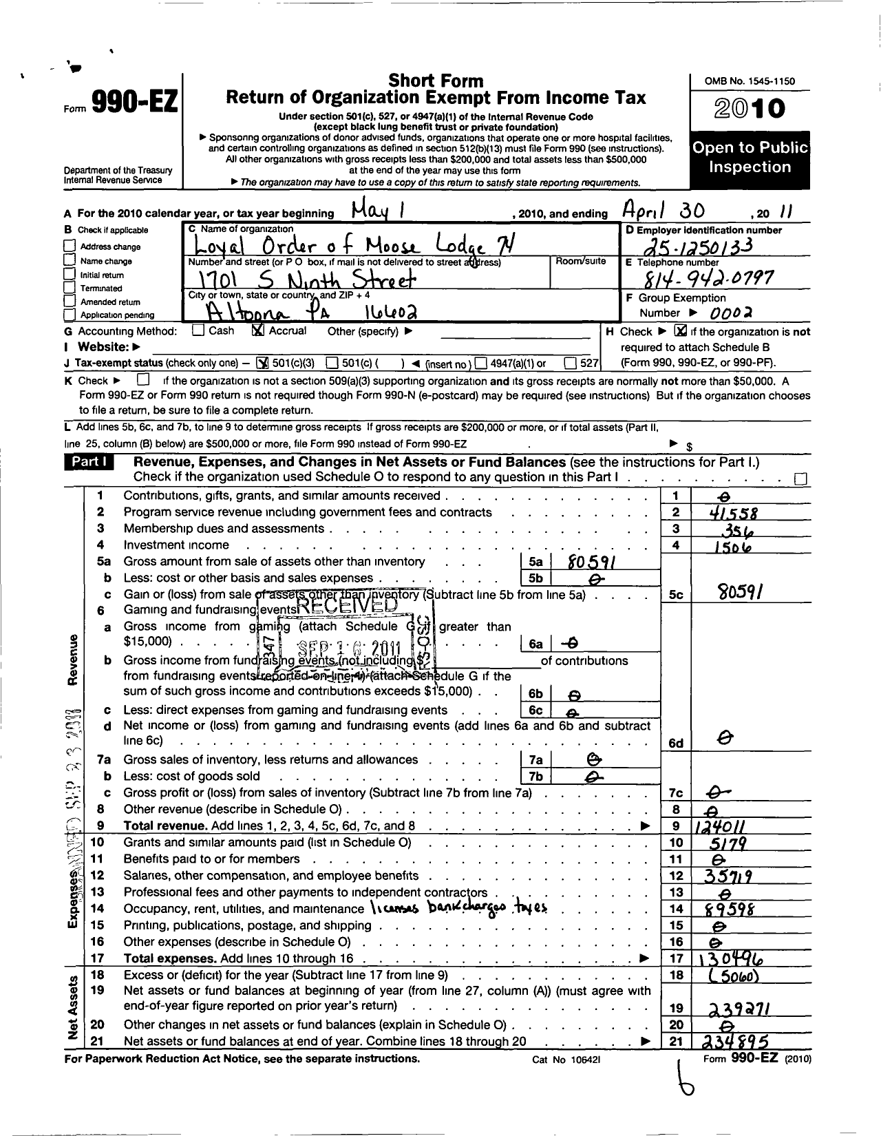 Image of first page of 2010 Form 990EZ for Loyal Order of Moose - 74