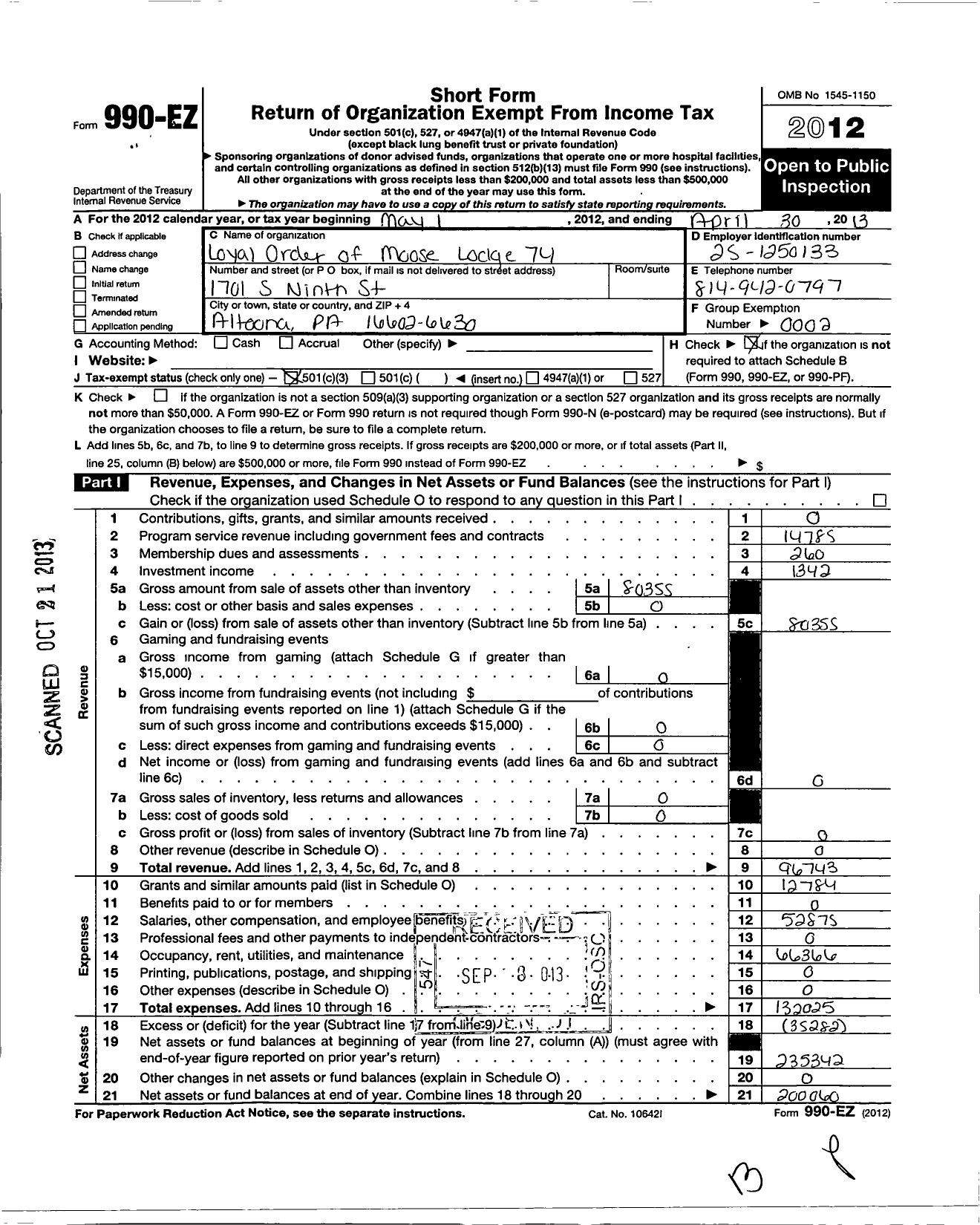 Image of first page of 2012 Form 990EZ for Loyal Order of Moose - 74