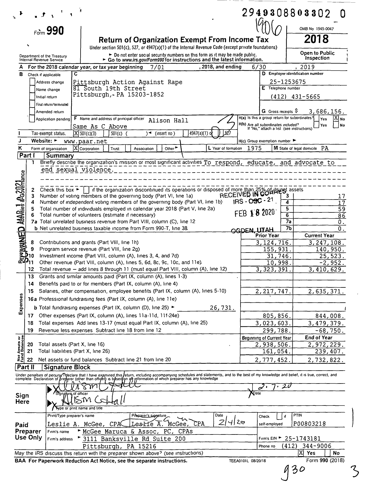 Image of first page of 2018 Form 990 for Pittsburgh Action Against Rape (PAAR)