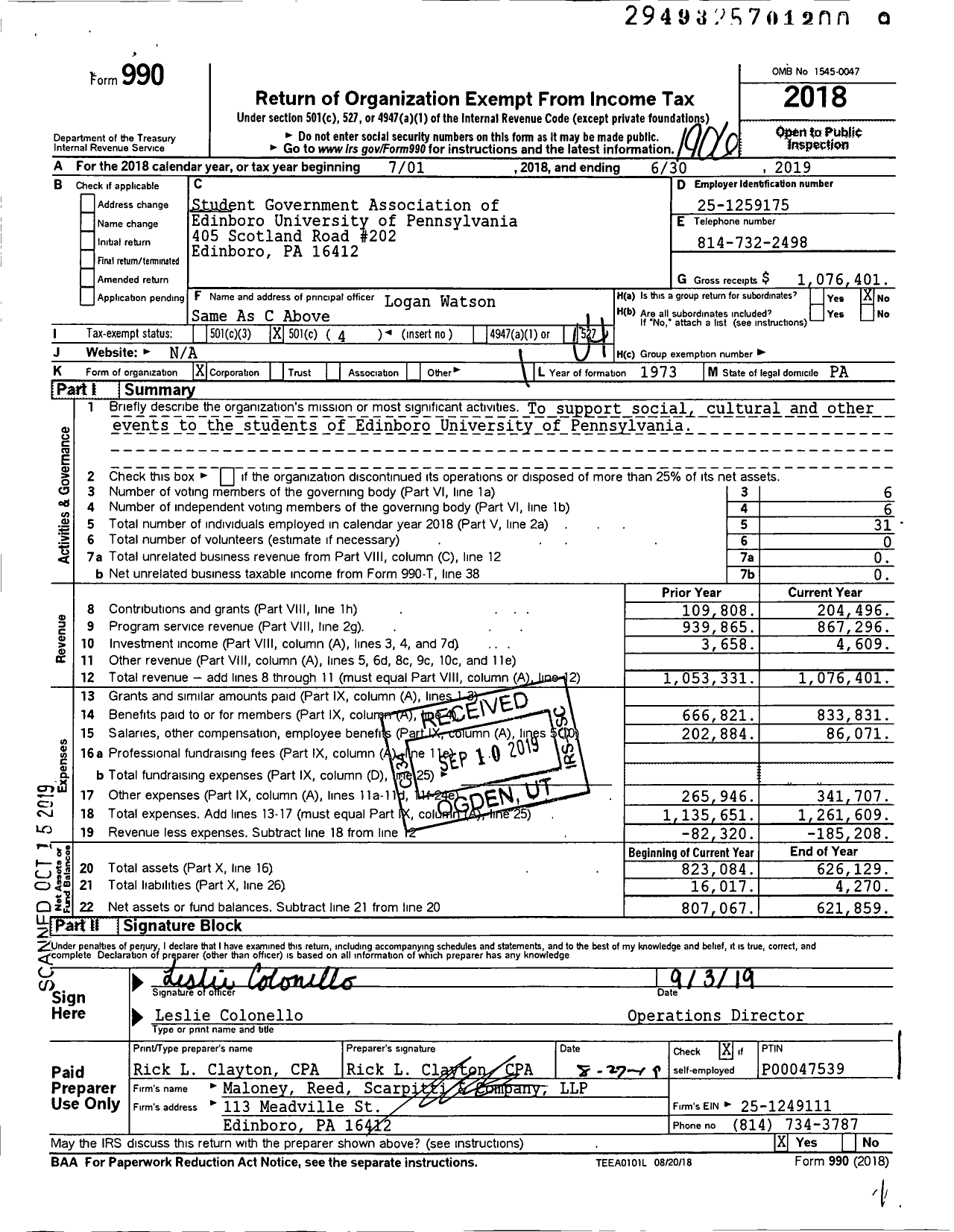 Image of first page of 2018 Form 990O for Student Government Association of Edinboro University of Pennsylvania