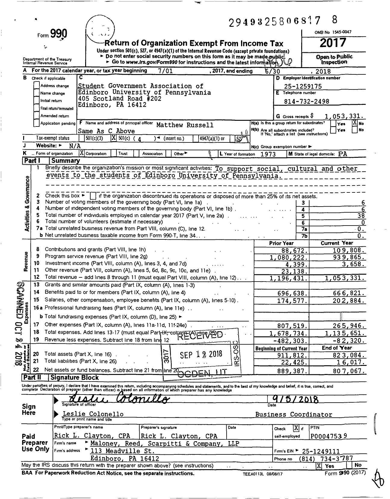 Image of first page of 2017 Form 990O for Student Government Association of Edinboro University of Pennsylvania