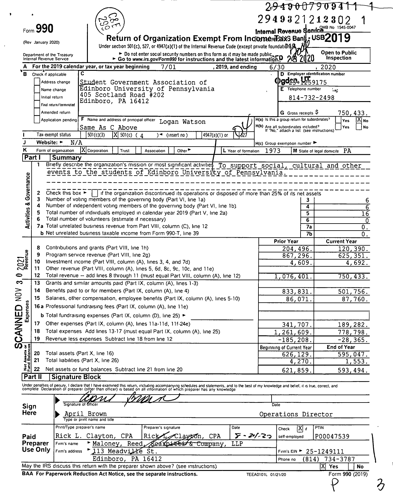 Image of first page of 2019 Form 990O for Student Government Association of Edinboro University of Pennsylvania