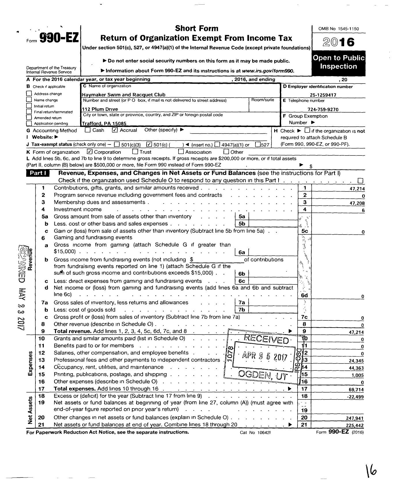 Image of first page of 2016 Form 990EO for Haymaker Swim and Racquet Club