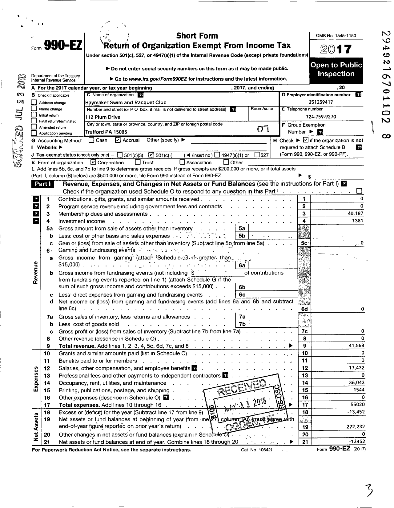 Image of first page of 2017 Form 990EO for Haymaker Swim and Racquet Club