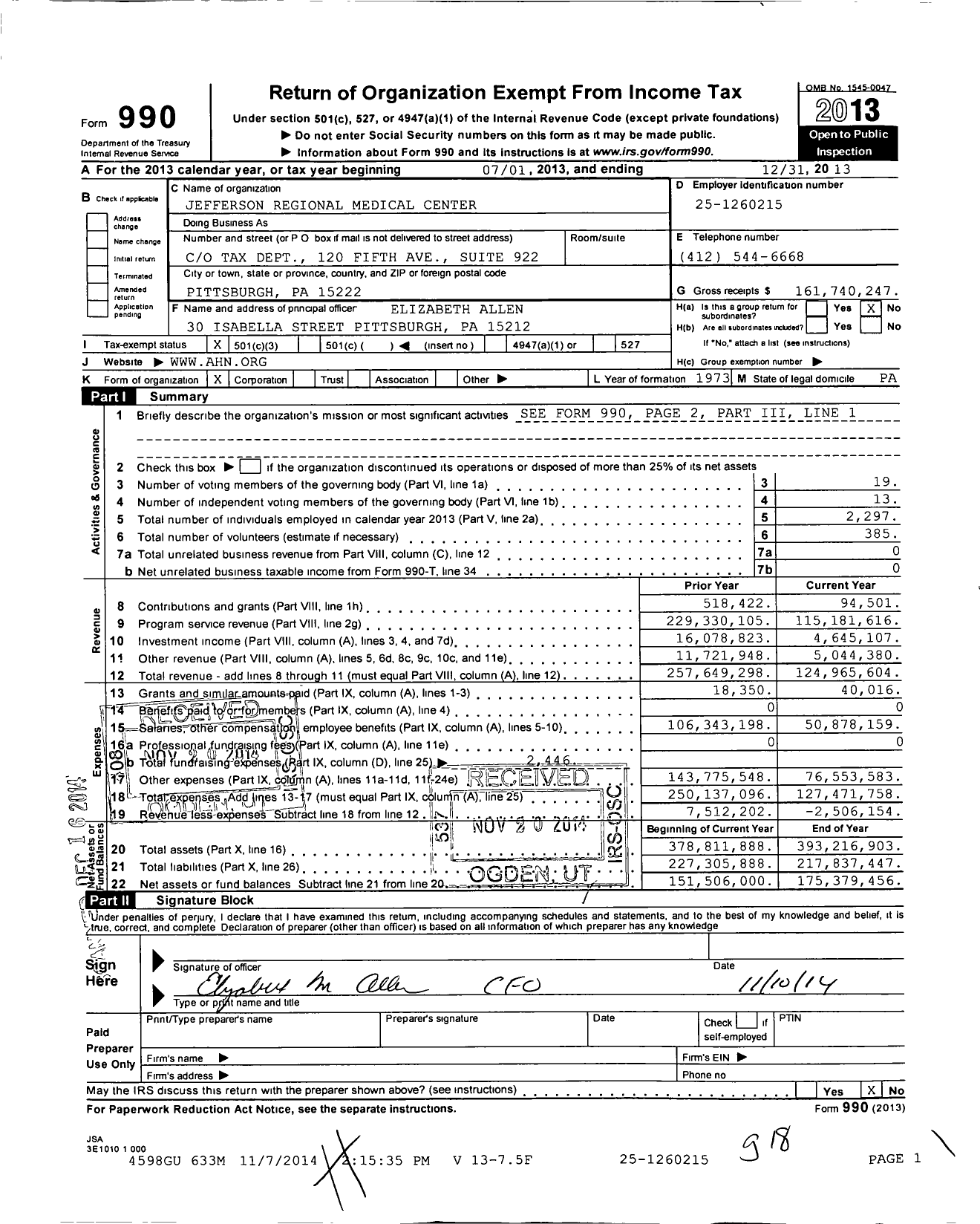 Image of first page of 2013 Form 990 for Jefferson Hospital