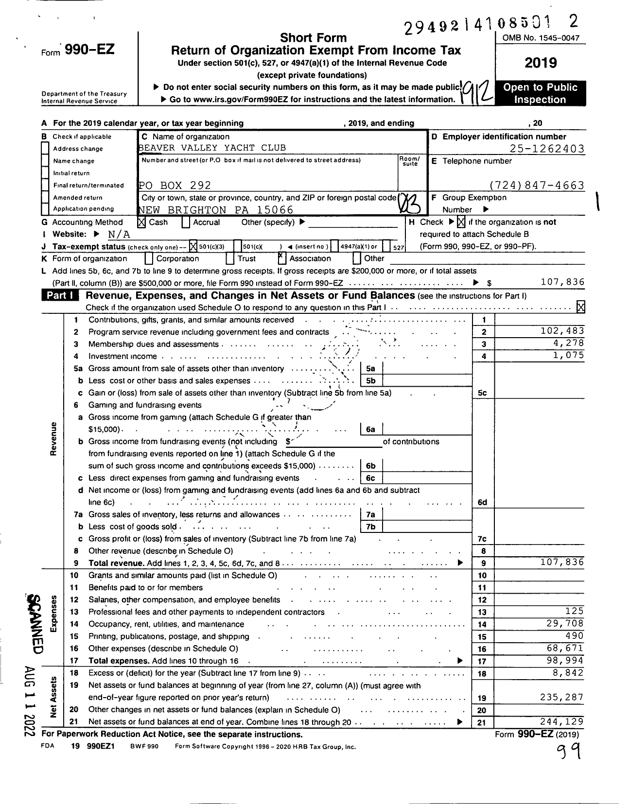 Image of first page of 2019 Form 990EZ for Beaver Valley Yacht Club