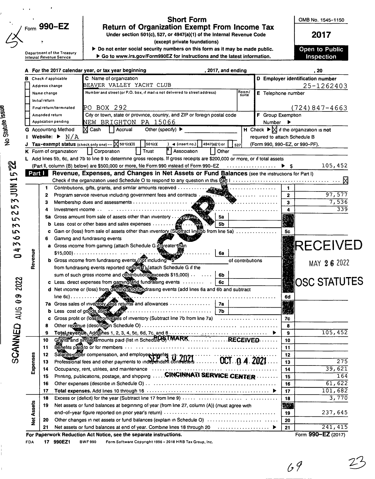 Image of first page of 2018 Form 990EZ for Beaver Valley Yacht Club