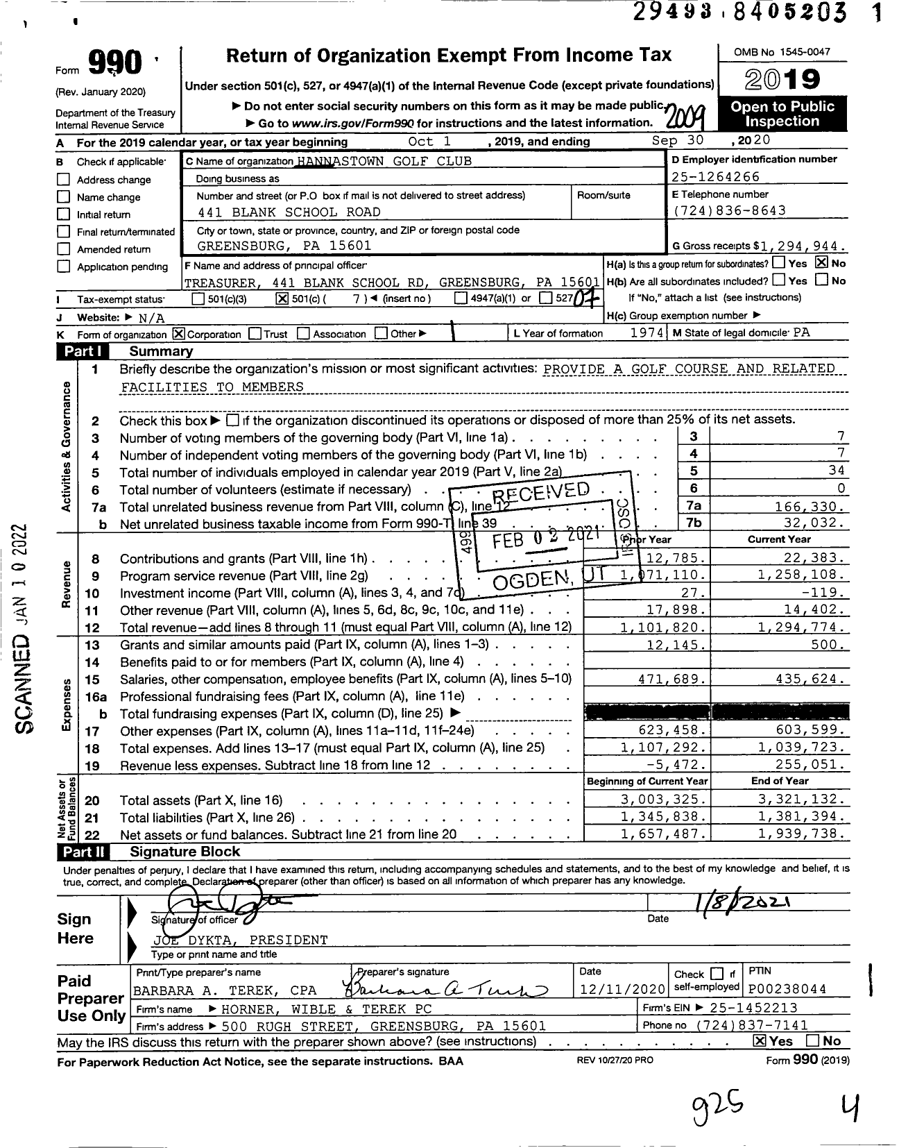 Image of first page of 2019 Form 990O for Hannastown Golf Club