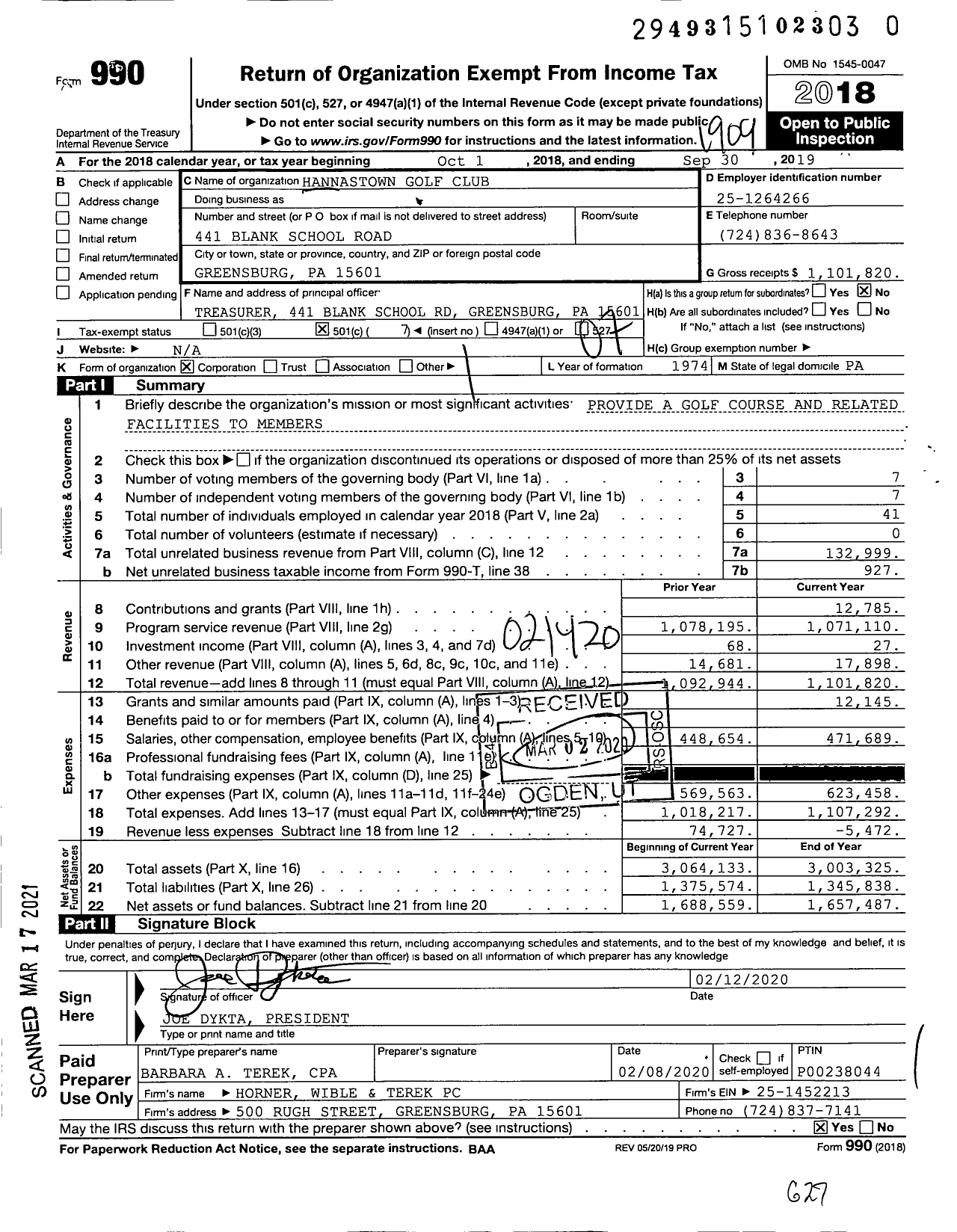 Image of first page of 2018 Form 990O for Hannastown Golf Club