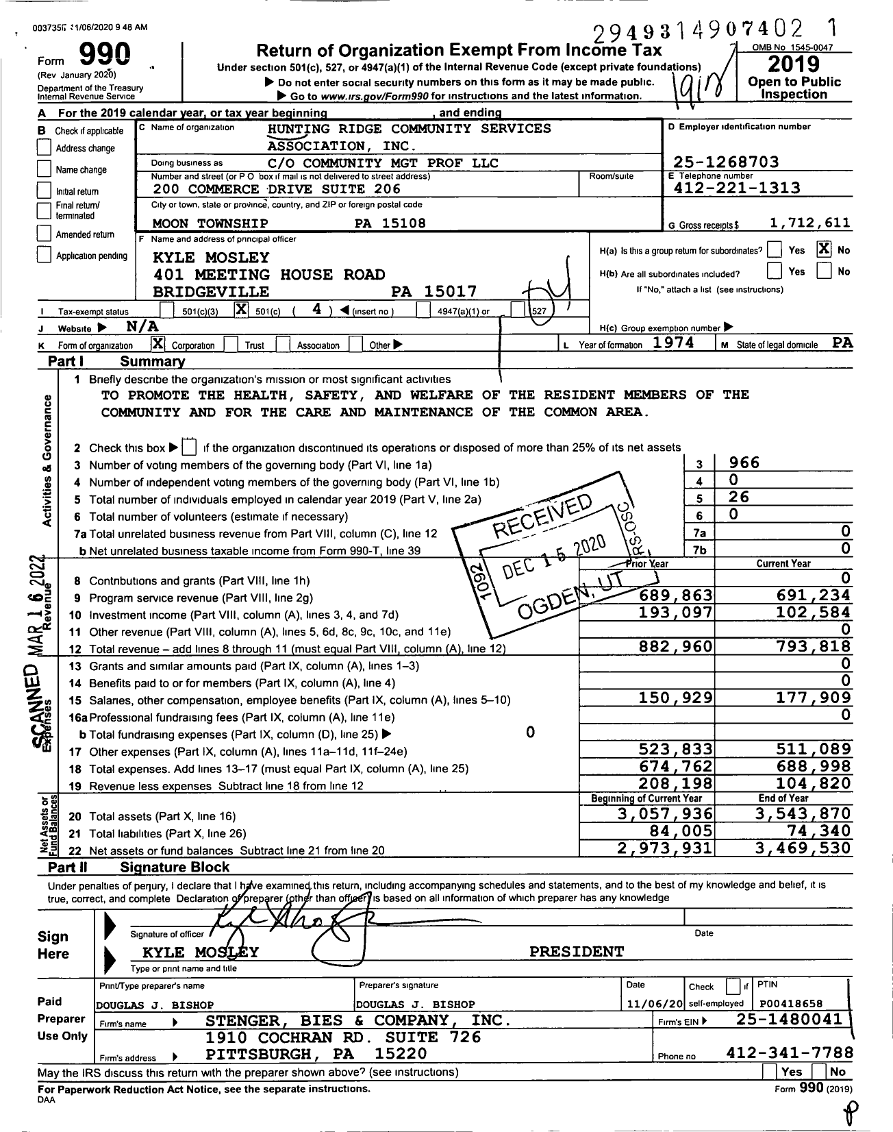 Image of first page of 2019 Form 990O for Hunting Ridge Community Services Association