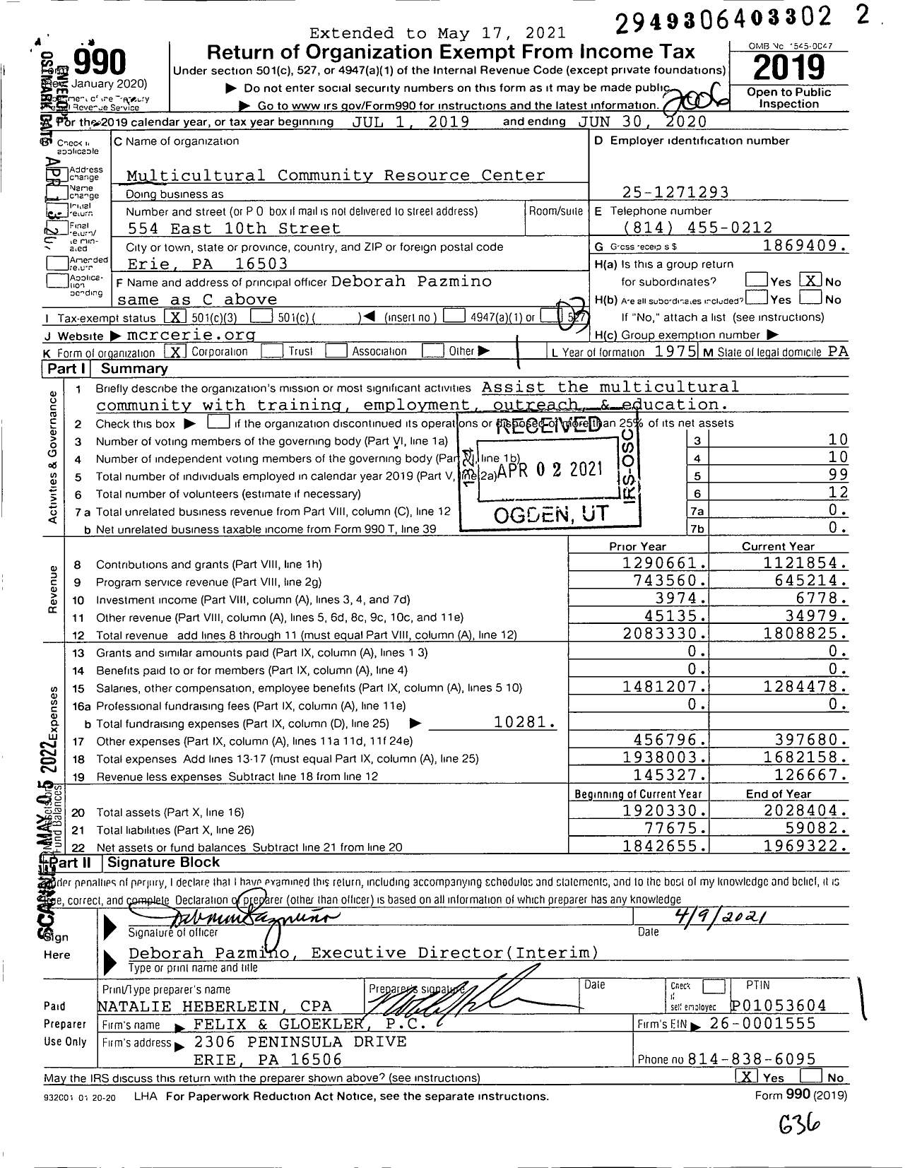 Image of first page of 2019 Form 990 for Multicultural Community Resource Center (MCRC)