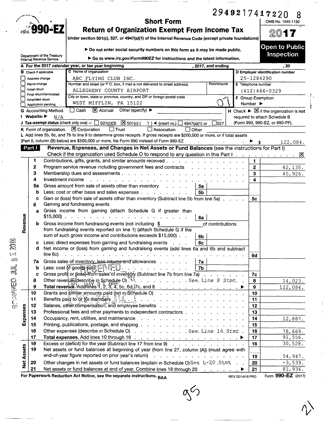 Image of first page of 2017 Form 990EO for Abc Flying Club