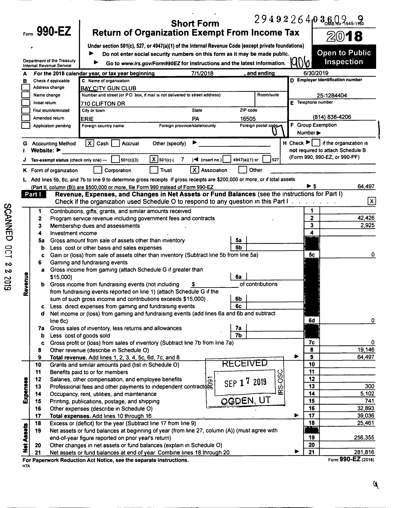 Image of first page of 2018 Form 990EO for Bay City Gun Club