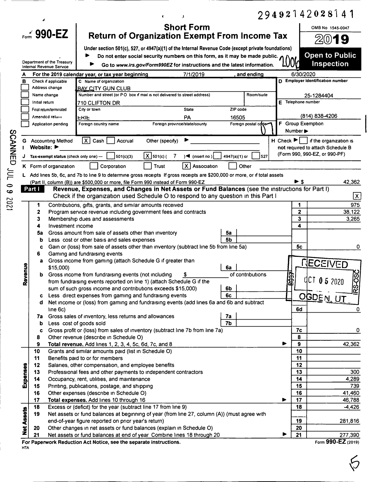 Image of first page of 2019 Form 990EO for Bay City Gun Club