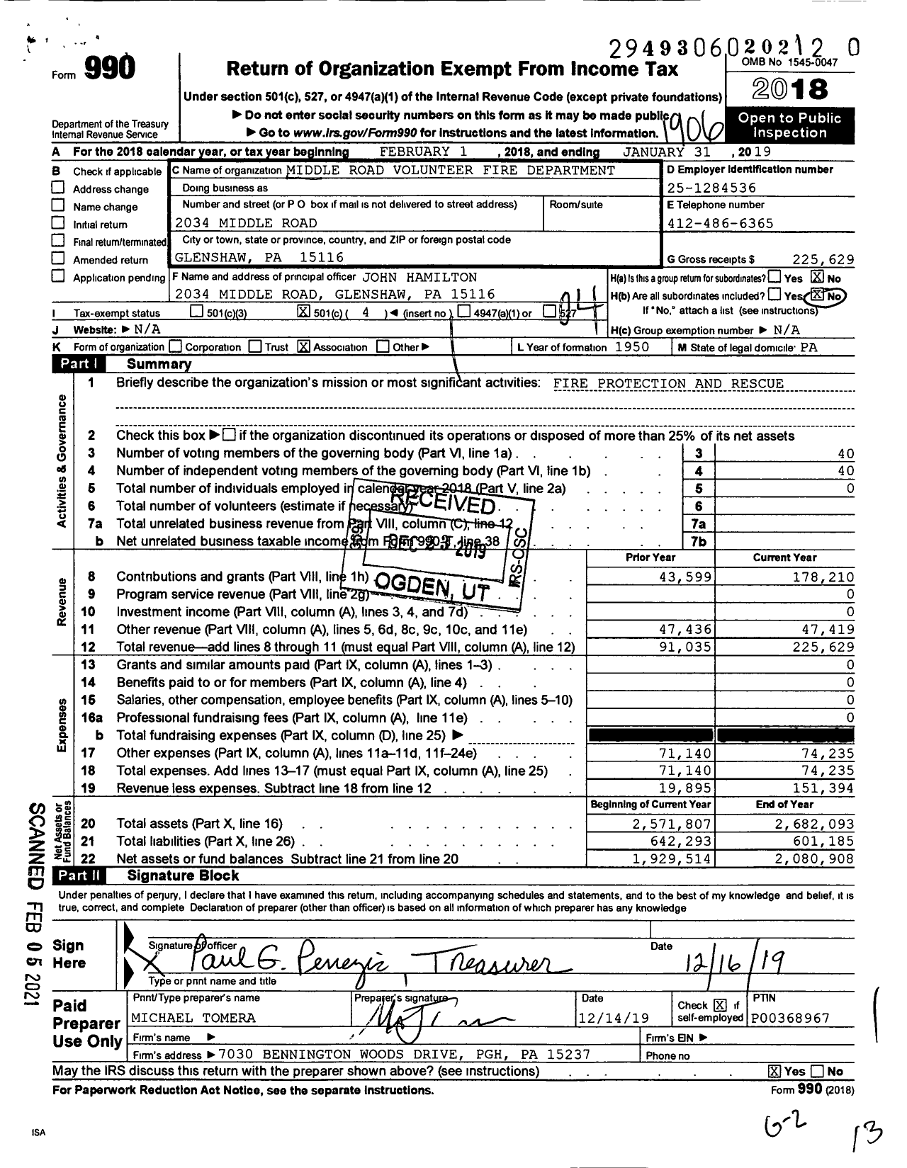 Image of first page of 2018 Form 990O for Middle Road Volunteer Fire Department