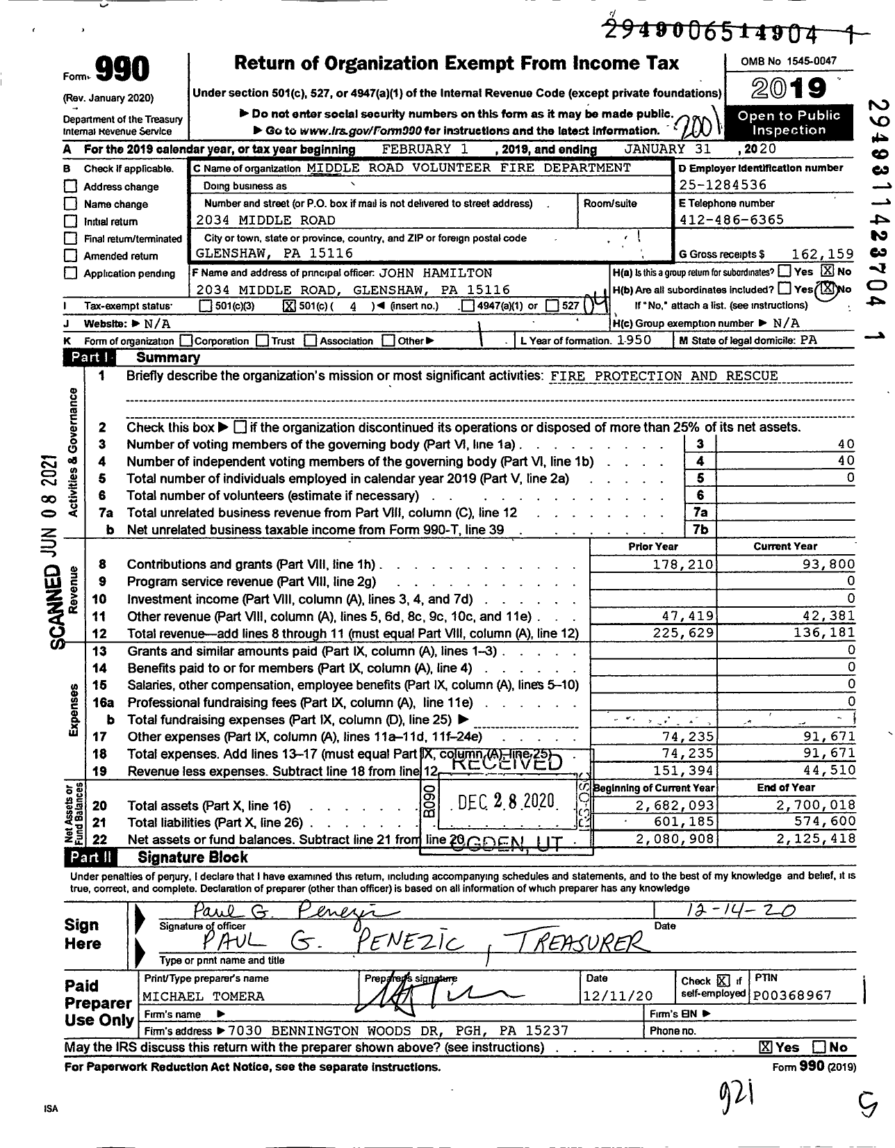 Image of first page of 2019 Form 990O for Middle Road Volunteer Fire Department