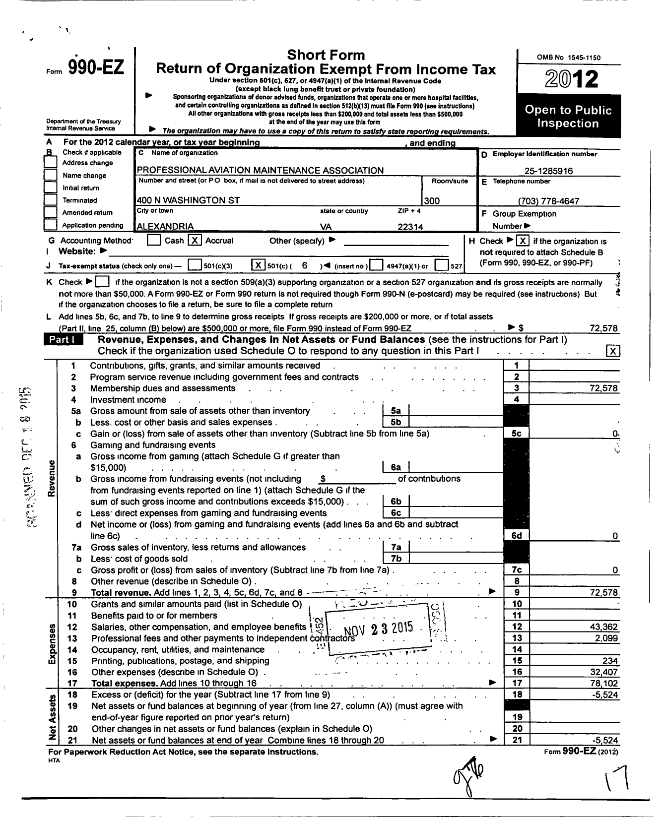 Image of first page of 2012 Form 990EO for Professional Aviation Maintenance Association