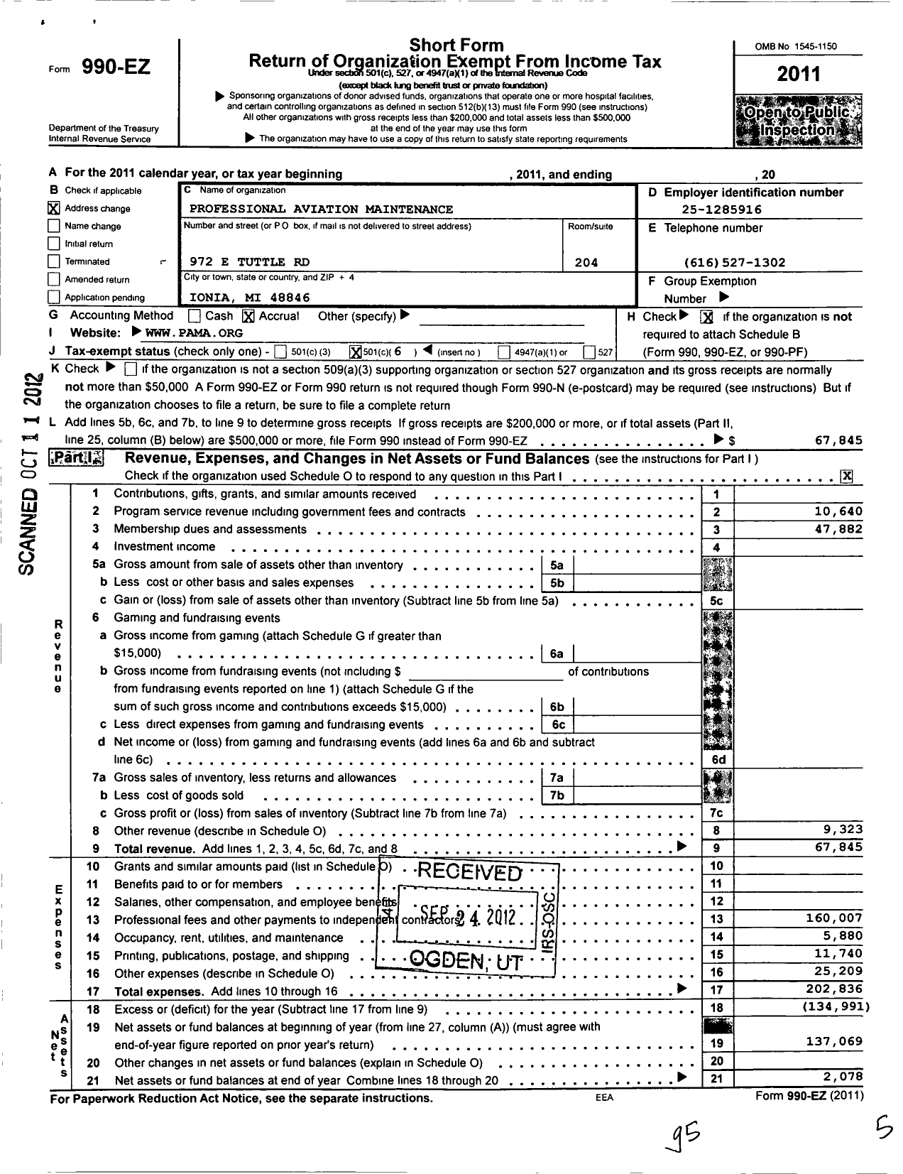 Image of first page of 2011 Form 990EO for Professional Aviation Maintenance Association